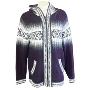 American South Side Alpaca Wool Hooded Zip Up Sweater Jacket Purple Geometric M